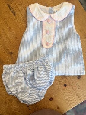 Huckberry Light Blue & White Seersucker Top with Pink Trim Bloomers